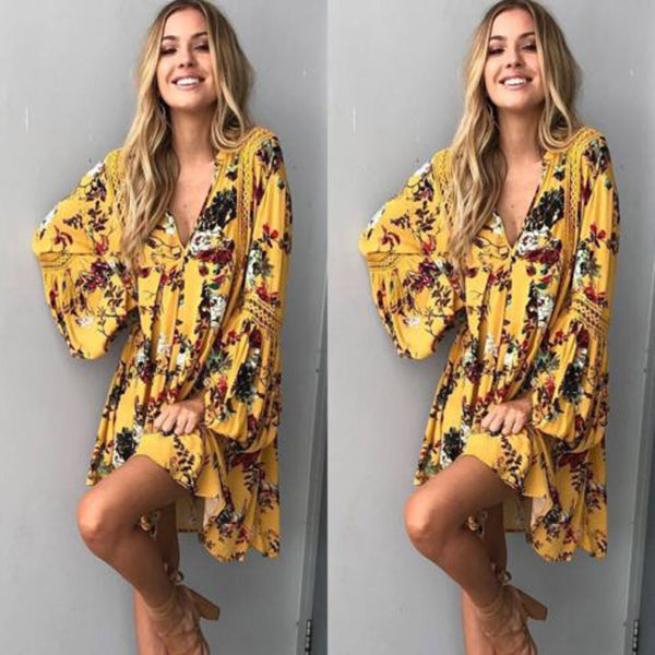 Boho Floral Yellow Long Sleeve Dress