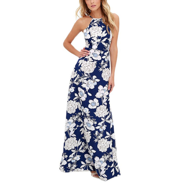 Women Maxi Dresses Ladies Dress Sleeveless Blue Halter Neck Floral Print Party Beach Vintage Dress