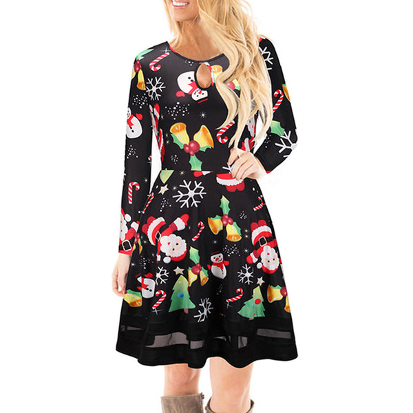 Women Christmas Dress Xmas Ladies  Claus Santa PrintedO Neck Long Sleeve Dress Hallow Out A-Line Dresses #L