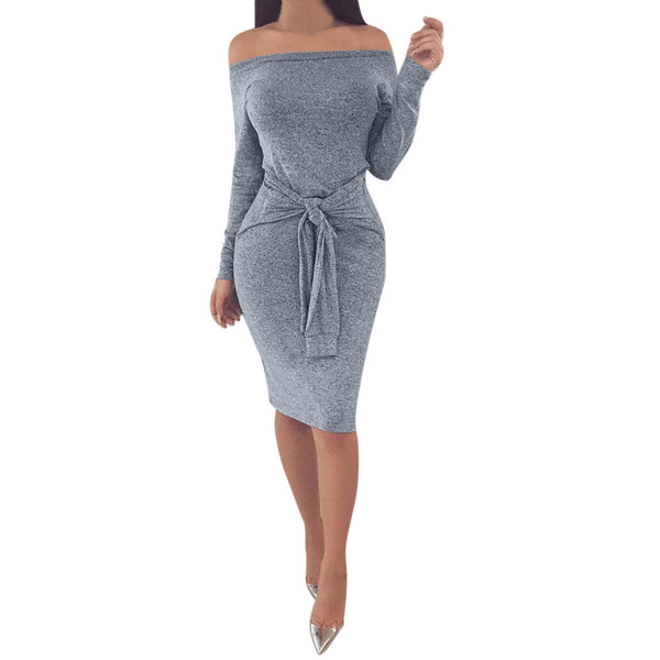 Sexy Ladies Off Shoulder Bodycon Party Dresses Spring Autumn Ladies Long Sleeve Casual Bowknot Hip Package Mini Dress #LH