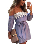 Spring 2018 Women Long Sleeve Off Shoulder Dress Summer Ladies Elegant Lace Patchwork Striped Printed Mini Party Dresses #YL