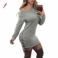 NEW Fashion Womens Cotton dress Sexy Bandage Bodycon mini dress Winter Keep Warm Long Sleeve :O-Neck vestidos femininos#11C