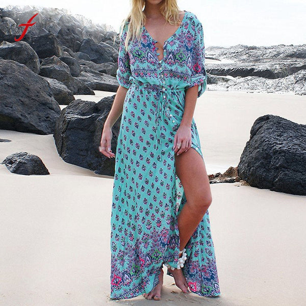 Plus Size S-3Xl Bohemian Deep Vneck Backless Long Dress Sexy Party Night Dresses Floral Print Women Summer Maxi Robe Beach Dress