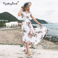 MysteryPark Women Sexy Off Shoulder Chiffon Floral Printed Deep V Boho Summer Sundress Beach Vestidos Side Split Long Wrap Dress