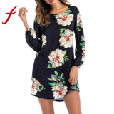 Feitong Womens Dress Spring Ladies Casual Long Sleeve Floral Print O-Neck Bow Loose Party Mini Dress vestidos femininos 2018 New