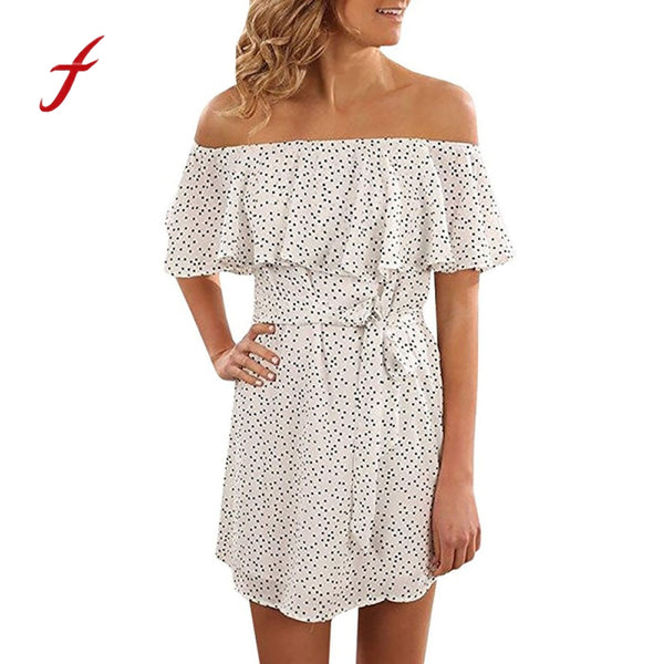 Floral Dot Print Fashion Women Summer Dress Elegent Ladies Sexy Off Shoulder Butterfly Sleeveless Strapless Short Dress Sundress