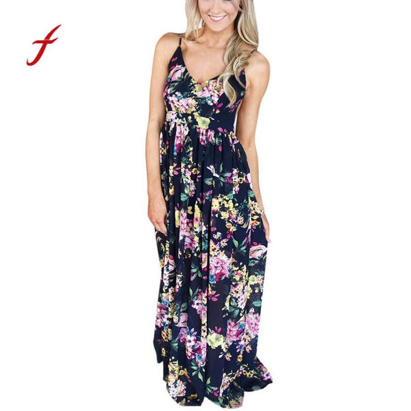 Women chiffon 2018 dress Sleeveless long Dress V Neck Dresses Backless Flower Printed Long Maxi dresses female Vestidos beach