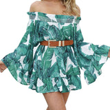 Women fresh leaves print dress Off Shoulder Strapless Print Beach Party Casual Flare Sleeve Dress Vestido De Festa Curto EY11