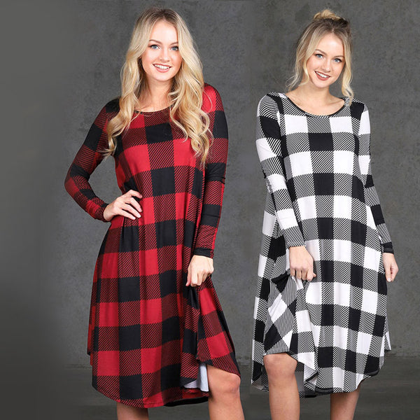 Women Plaid Casual Dress Pockets